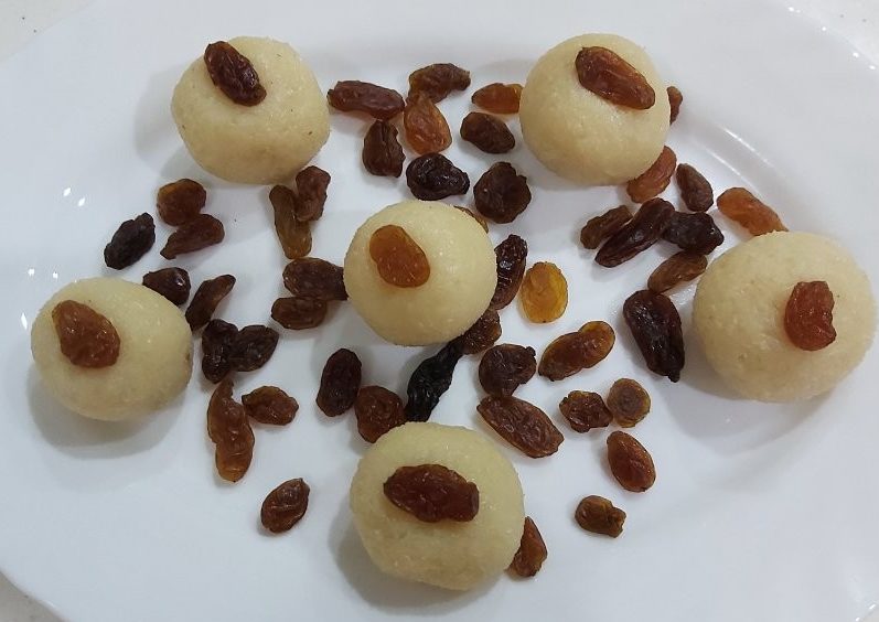 Naroos or Coconut Laddoos with raisins